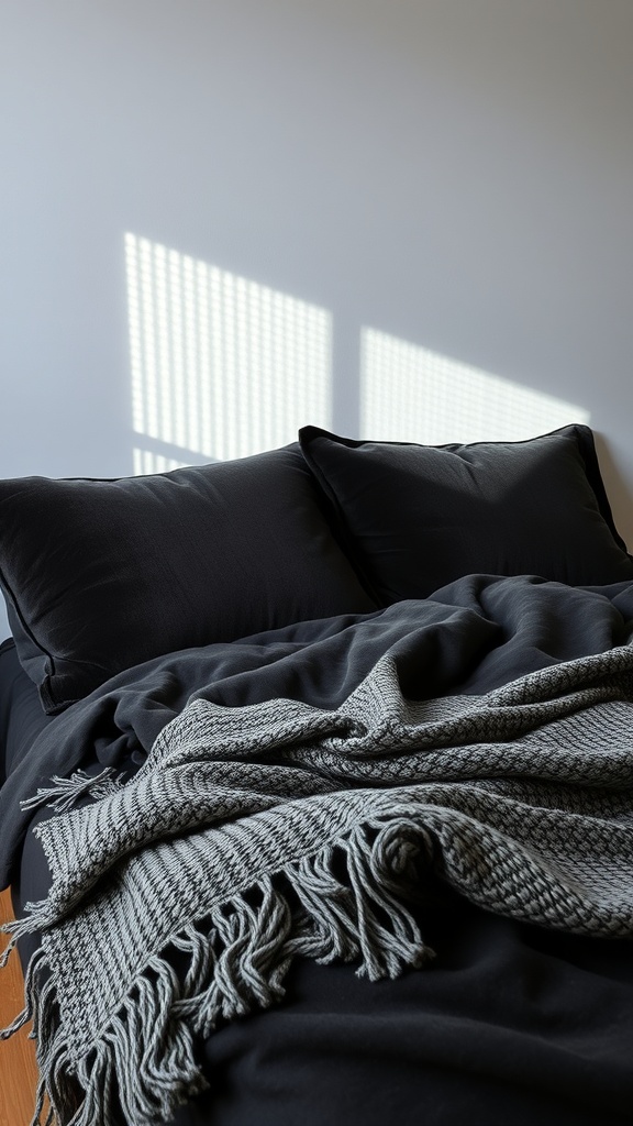Cozy black bedding with textured throw and pillows.