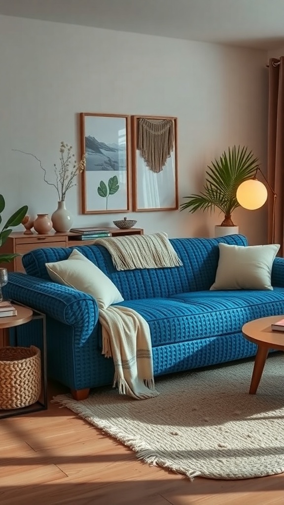 A cozy living room featuring a blue knit sofa with throw pillows and a chunky blanket.