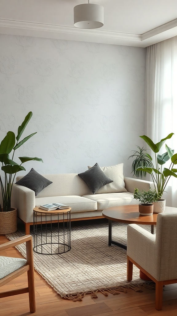 Cozy living room with layered textures and plants