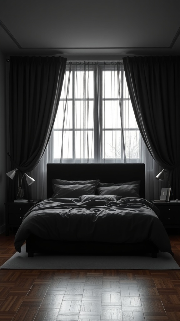 A cozy black bedroom featuring layered window treatments with heavy drapes and sheer curtains.