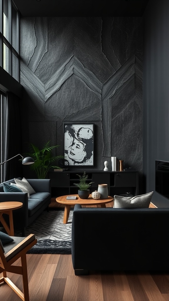 A chic black decor living room featuring dark walls, wooden furniture, and plants.