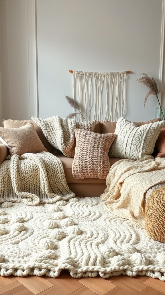 Cozy living room with layered textures including knitted blankets and soft pillows.