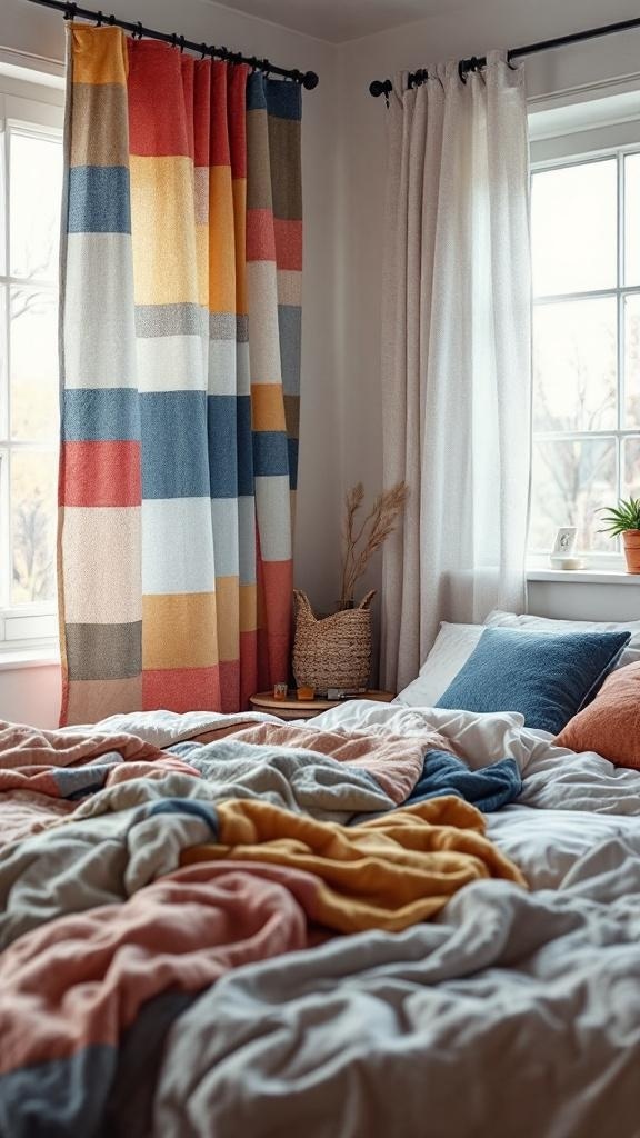Colorful patch curtains in a cozy bedroom setting