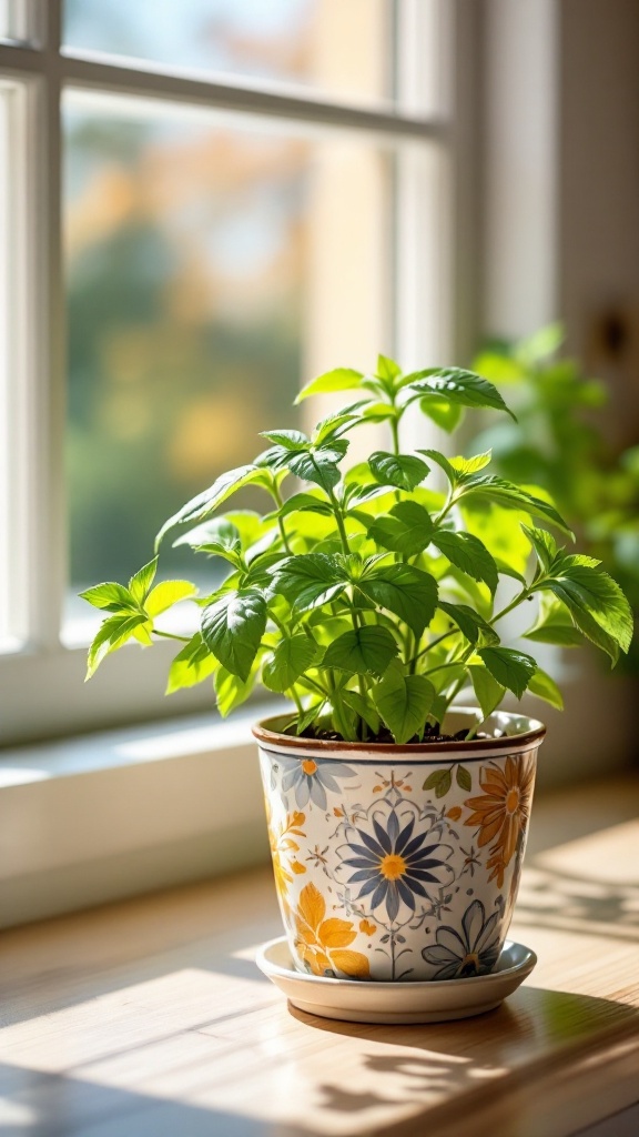 A vibrant lemon balm plant in a decorative pot by a sunny window.