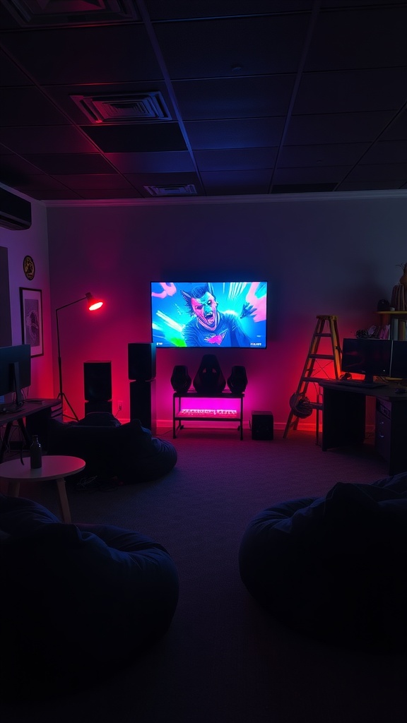 Cozy gaming room with colorful lighting and bean bags