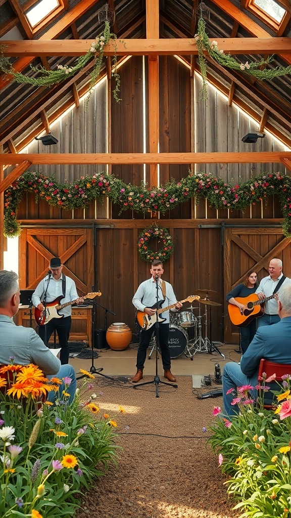 A band performing in a rustic barn decorated with wildflowers.