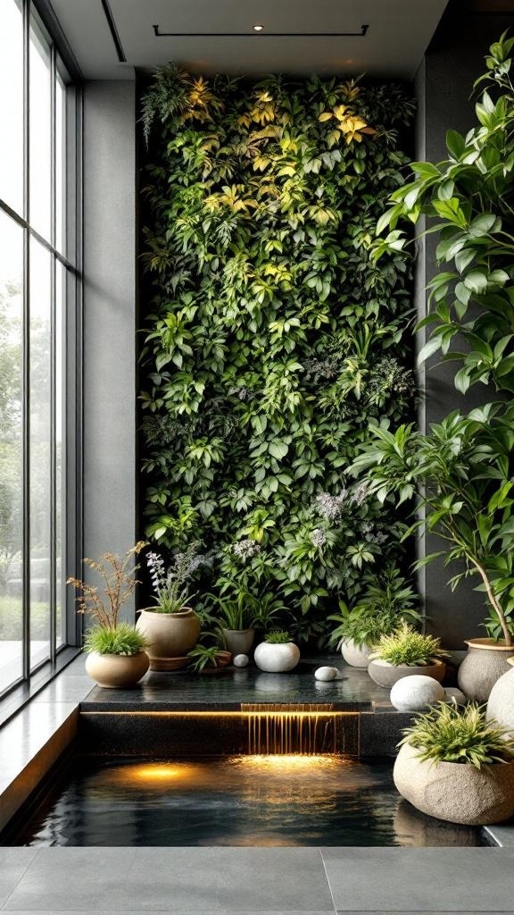 A living wall featuring various plants and a small water feature.