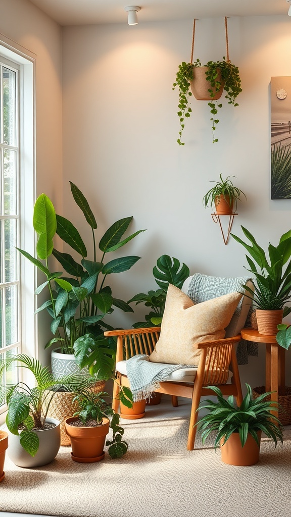 Cozy living room corner with plants and comfortable seating