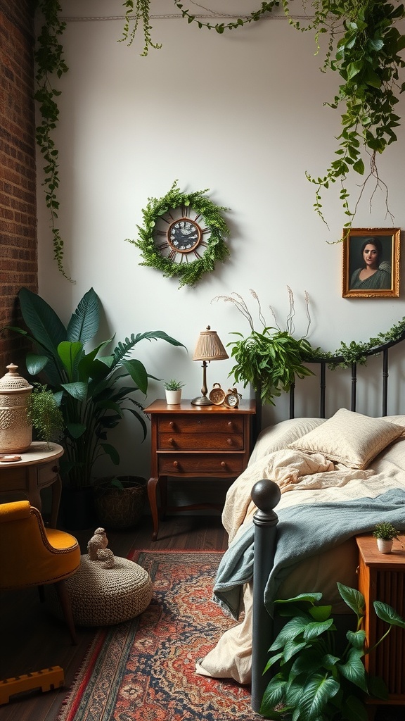 A vintage bedroom with lush greenery, featuring plants, a cozy bed, and warm decor.