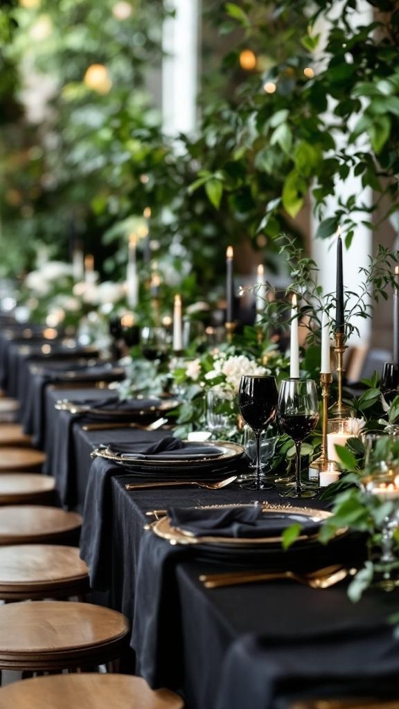 Black wedding reception tables adorned with greenery and candles
