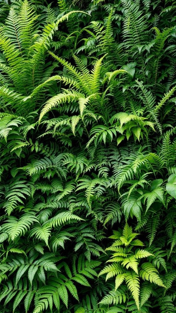 A lush vertical garden filled with various ferns.