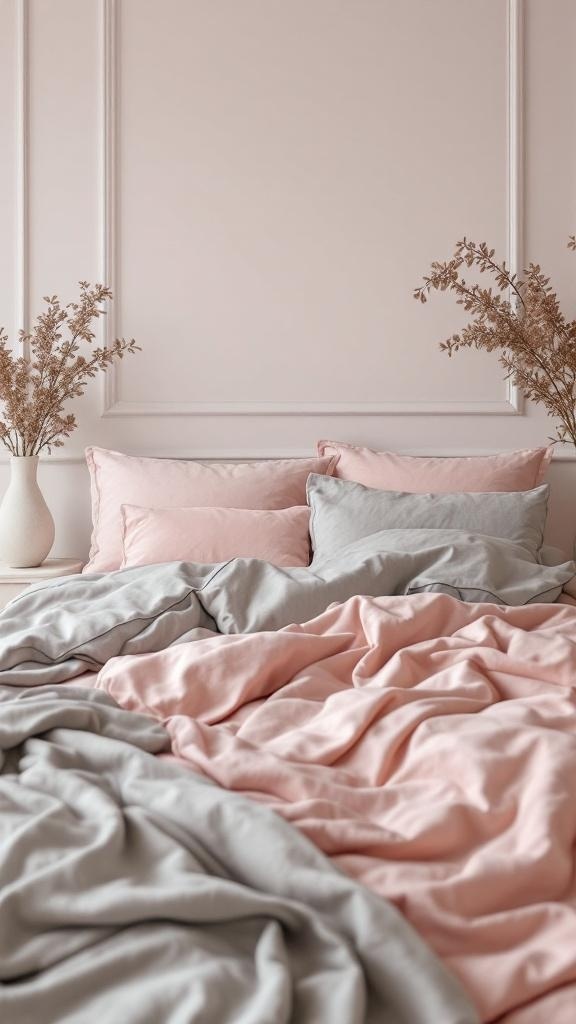 Luxurious pink and grey bedding with soft pillows and a cozy blanket.