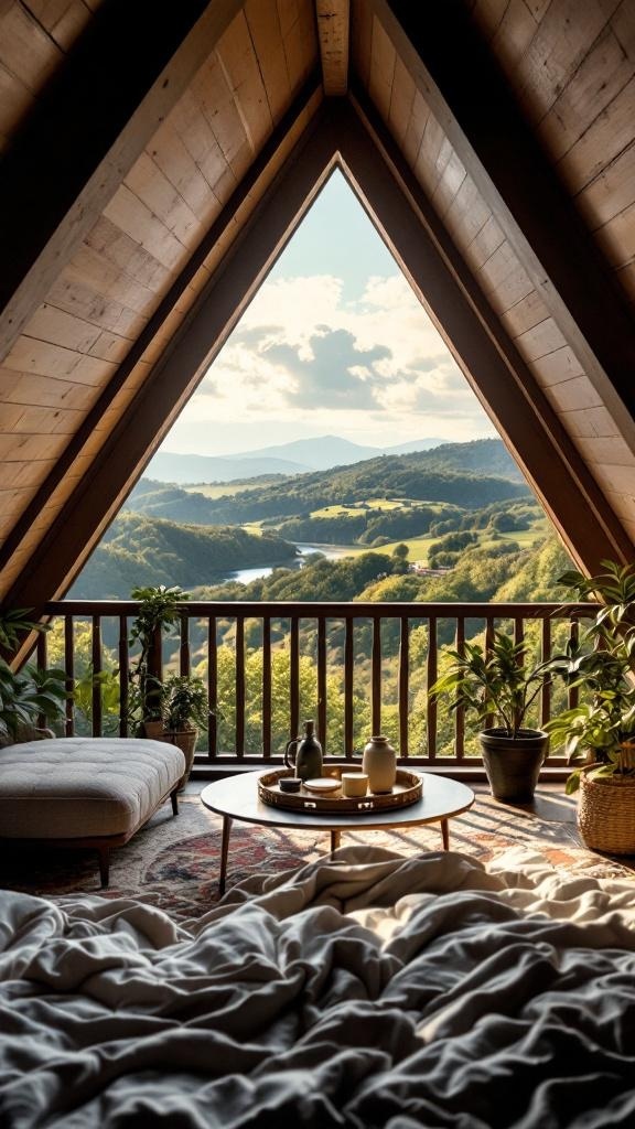 Cozy attic suite with large windows and a private balcony overlooking a scenic landscape.