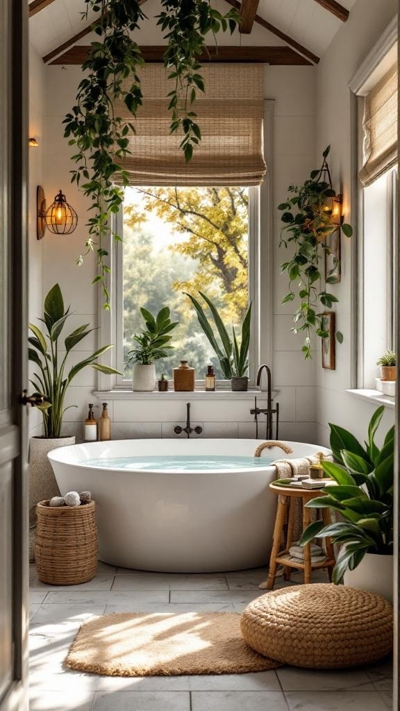 A luxurious bathroom featuring a soaking tub, plants, and natural light.