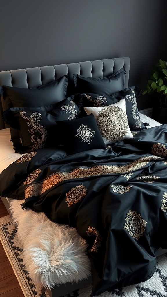Luxurious black and gold bedding with intricate designs and plush pillows.