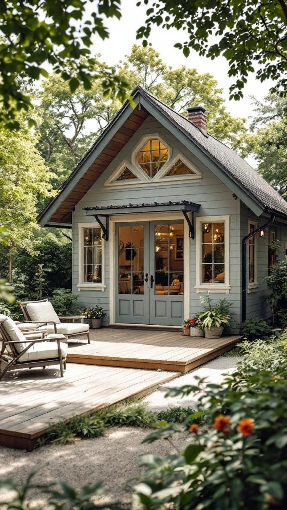 A charming tiny house with a wooden deck and outdoor seating surrounded by greenery.