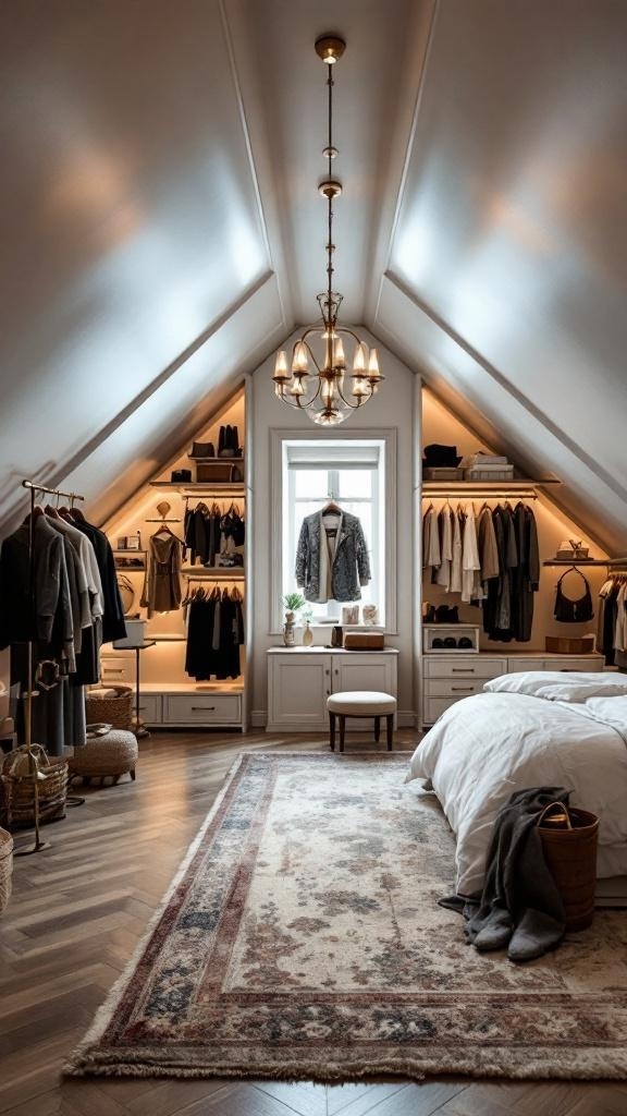Luxurious attic walk-in closet with organized clothing and elegant lighting