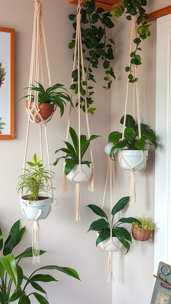 A cozy living room featuring macrame plant hangers with various plants.