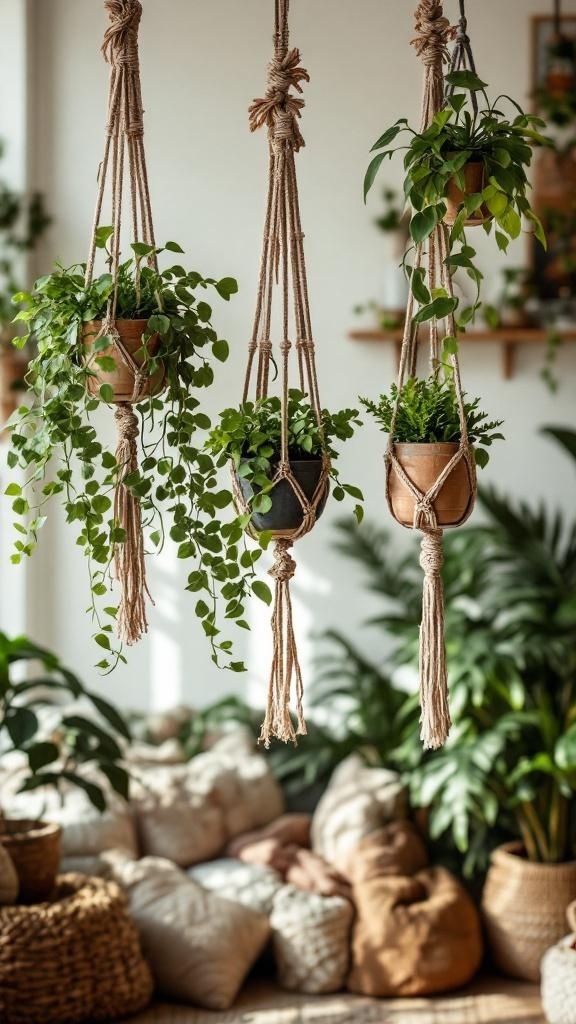 Three macrame plant hangers with green plants in a bright living room.