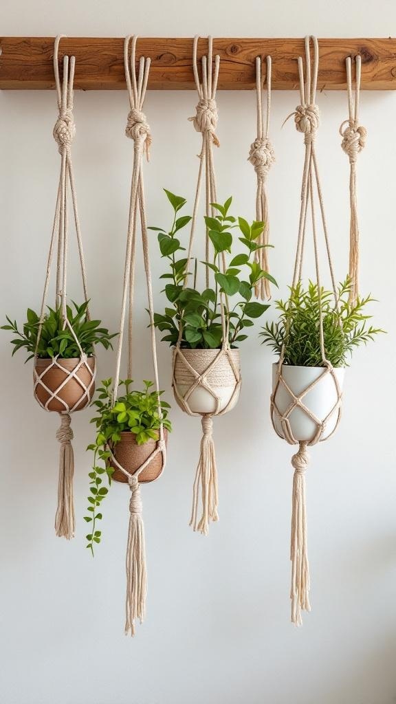 Macrame plant hangers with various green plants
