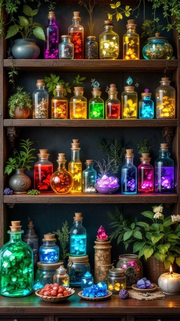 A shelf filled with colorful potion bottles and plants, creating a magical decor.