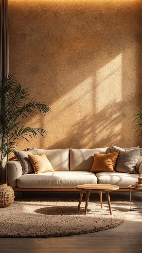 A cozy living room with textured warm walls, a comfortable sofa, and decorative pillows.