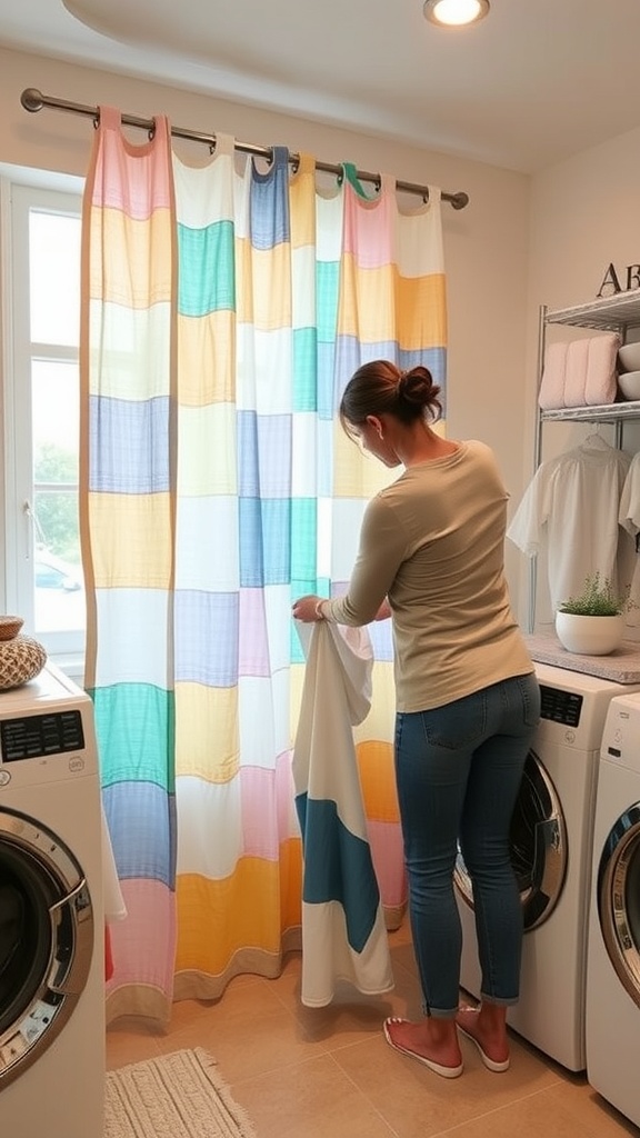 A woman adjusting colorful patch curtains in a bright room.
