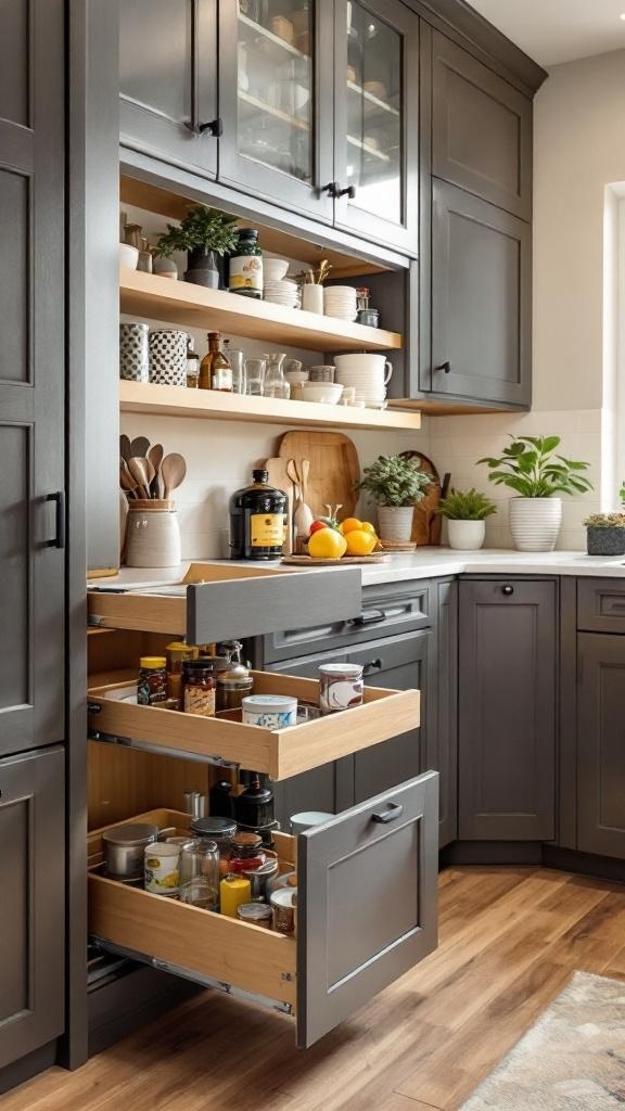 A modern kitchen featuring pull-out shelves with jars and utensils.