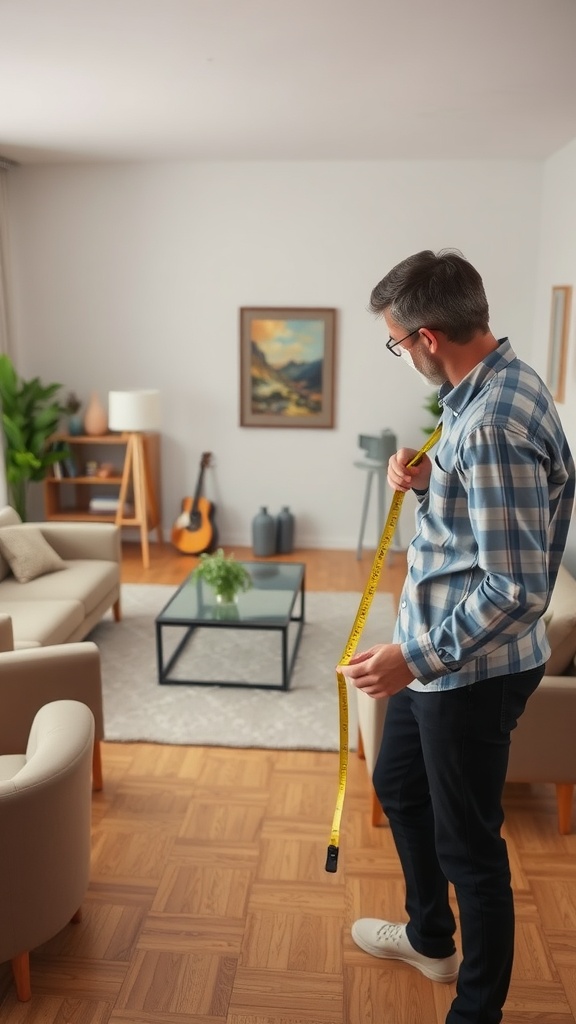 A man measuring a living room with a tape measure.