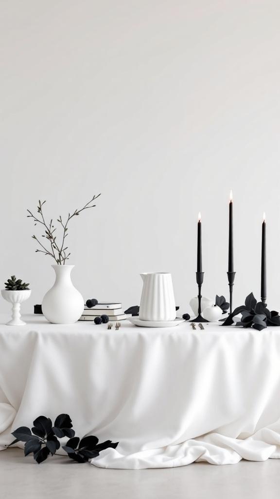 A minimalist black and white wedding reception table setting with candles and simple decor.