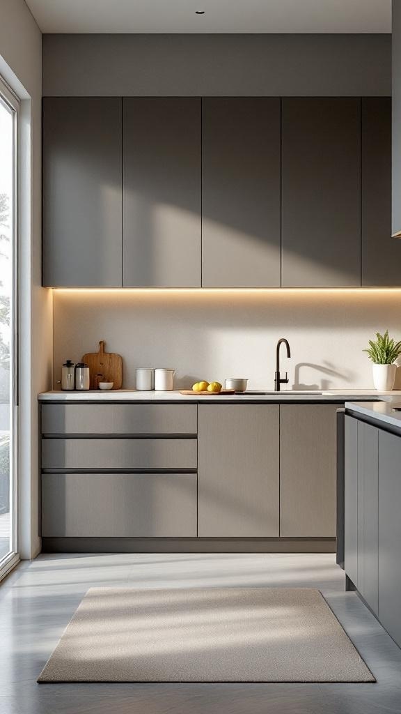Modern minimalist kitchen with gray cabinets and natural light.