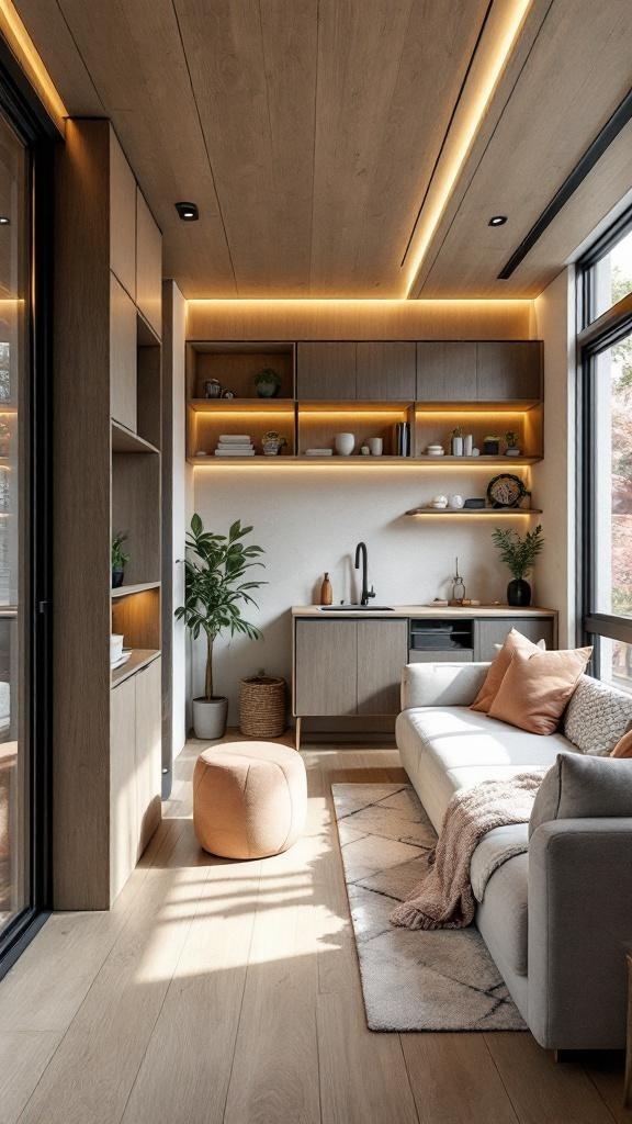 A minimalist tiny house interior featuring a cozy living area with a sofa, soft lighting, and functional storage.