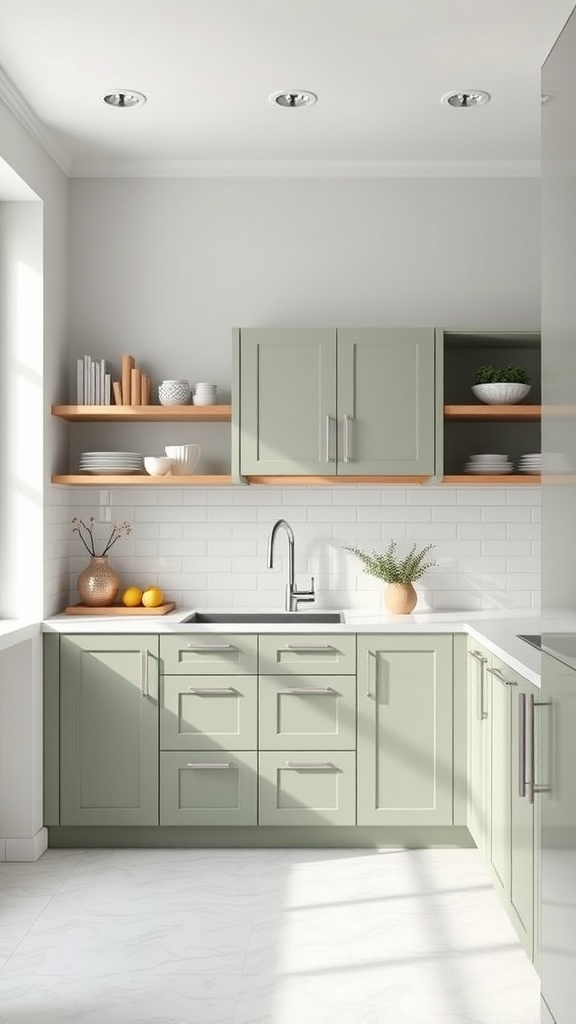 A minimalist kitchen featuring sage green cabinets with wooden shelves and a bright atmosphere.