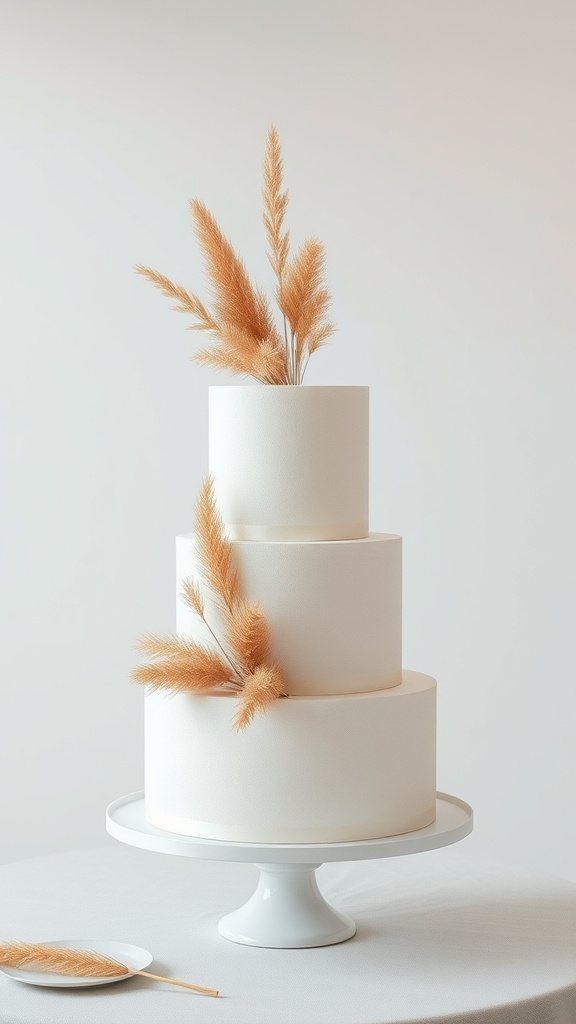 A minimalist white wedding cake with khaki dried grasses on top.