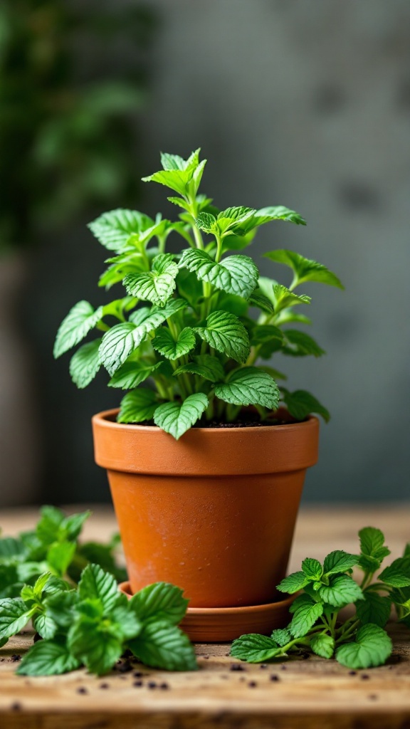 A potted mint plant with lush green leaves.