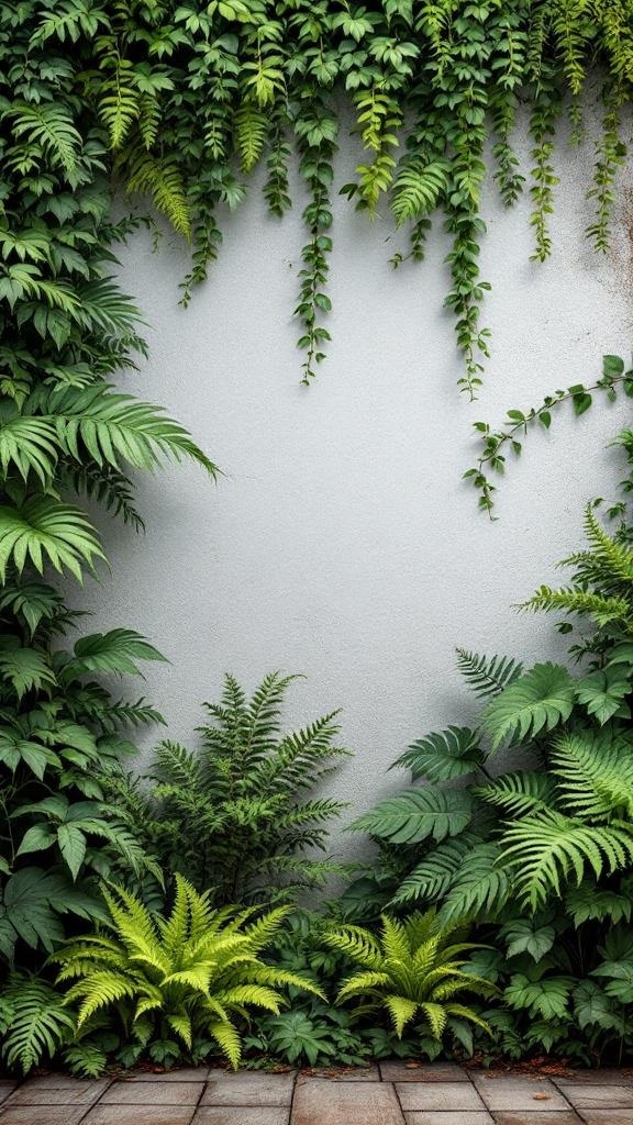 A mixed greenery wall featuring various ferns and leafy plants against a light gray background.