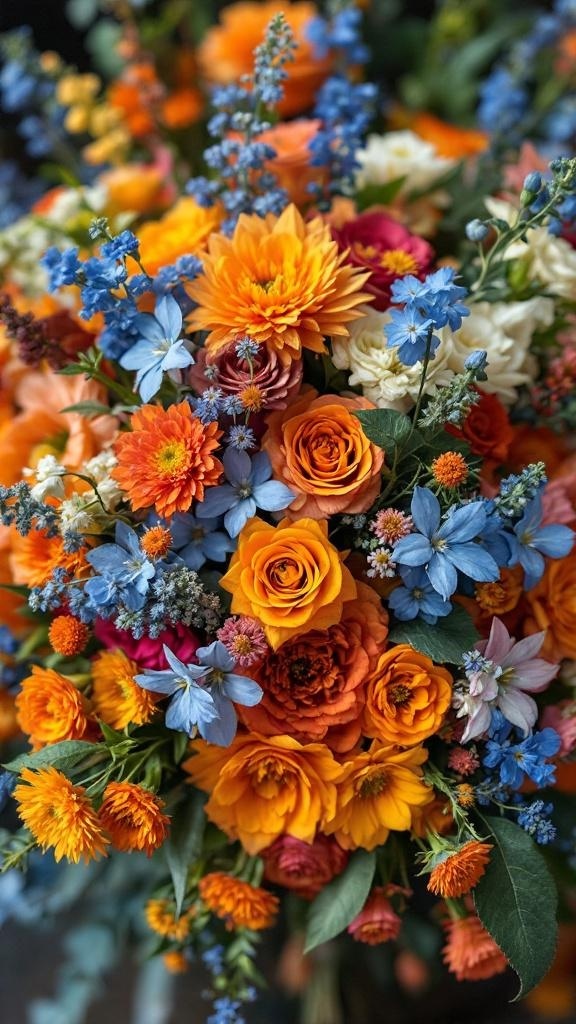 A vibrant bouquet featuring blue and orange wildflowers, perfect for a wedding centerpiece.