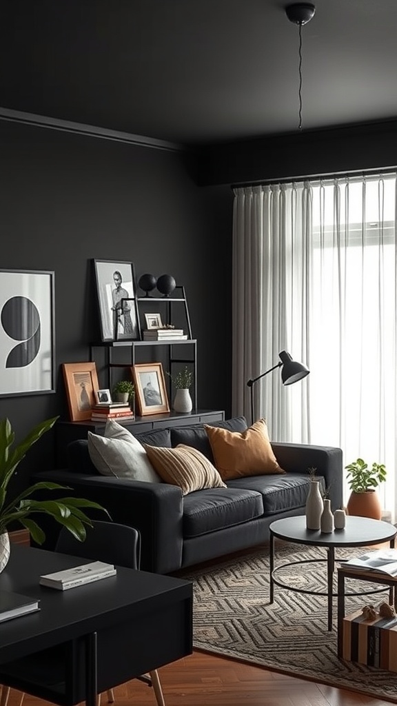Chic black decor apartment with earthy tones and cozy furnishings.