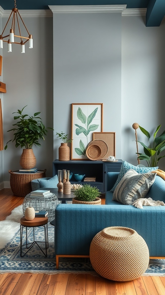 A cozy living room featuring blue accents and earthy tones.