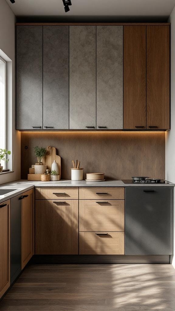 A modern kitchen featuring a mix of wood and gray cabinets, showcasing a stylish design.