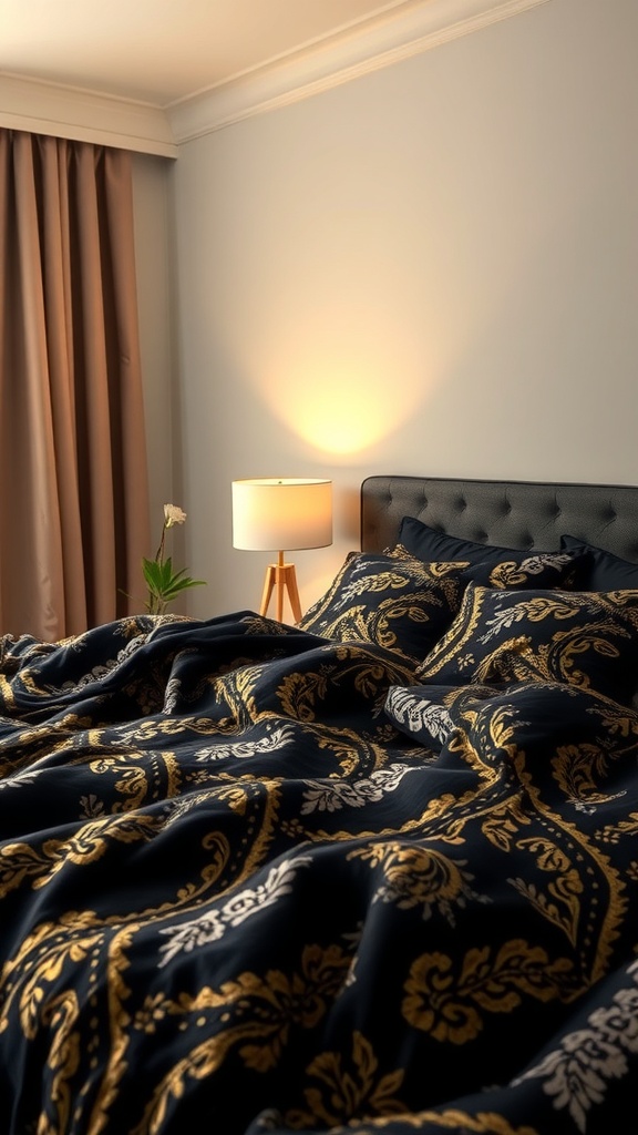 A cozy black and gold bedroom featuring a patterned duvet and soft lighting.