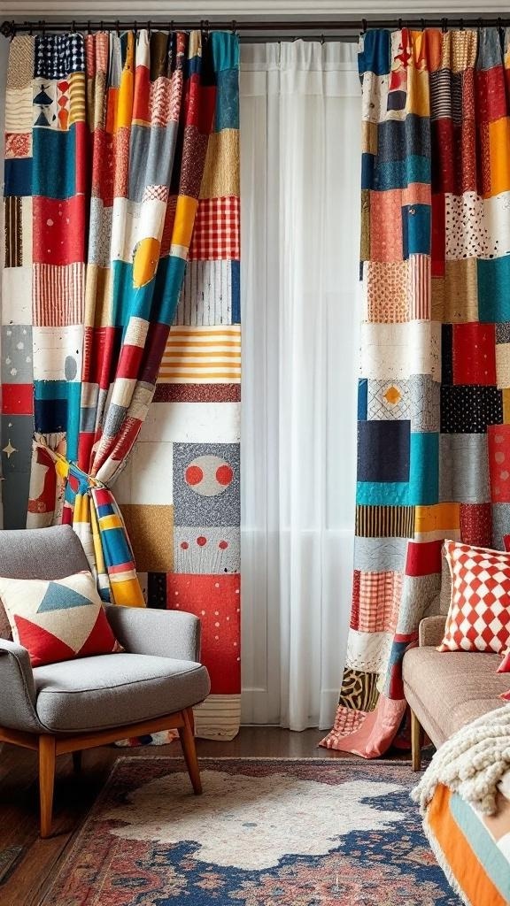 Colorful patch curtains hanging in a cozy living room setting.