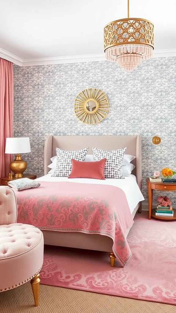 A pink and grey bedroom featuring a cozy bed with various pillows and a soft grey throw.