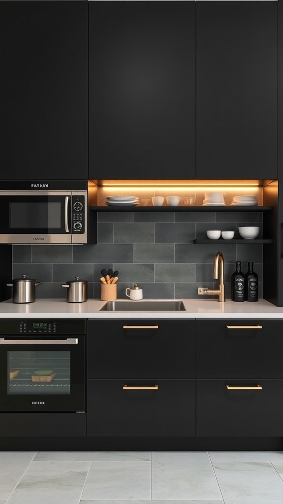 A modern black kitchen featuring matte black cabinets, gold accents, and a stylish layout.