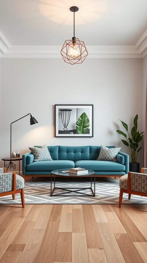 A modern living room featuring a teal sofa, geometric pendant light, and stylish decor.
