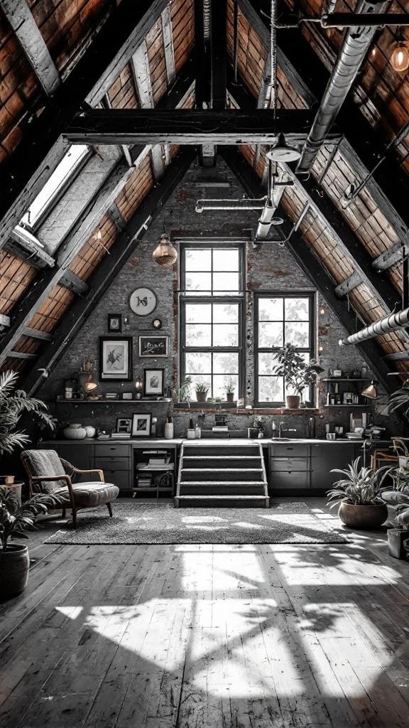 A modern loft with industrial design featuring exposed beams, brick walls, and stylish furniture.