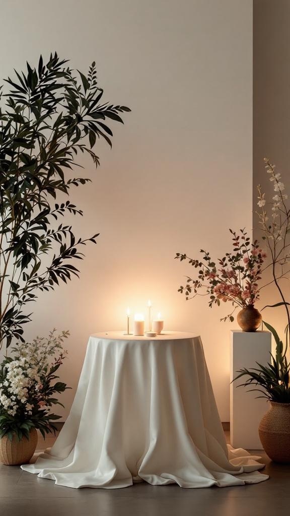 A minimalist wedding setup featuring a simple table with candles and plants.