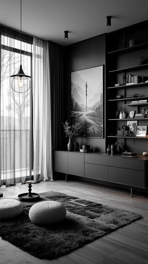Stylish apartment interior featuring black and gray decor with modern furniture and artwork.