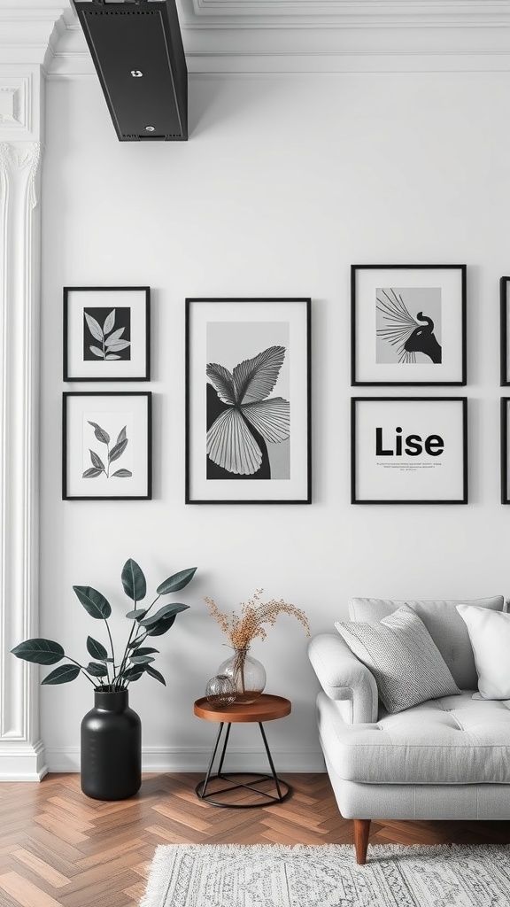A stylish living room featuring monochrome black and white art on the walls, a cozy sofa, and decorative plants.