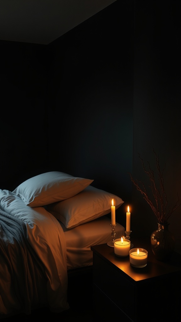 A cozy black bedroom with candles on a nightstand, creating a warm atmosphere.